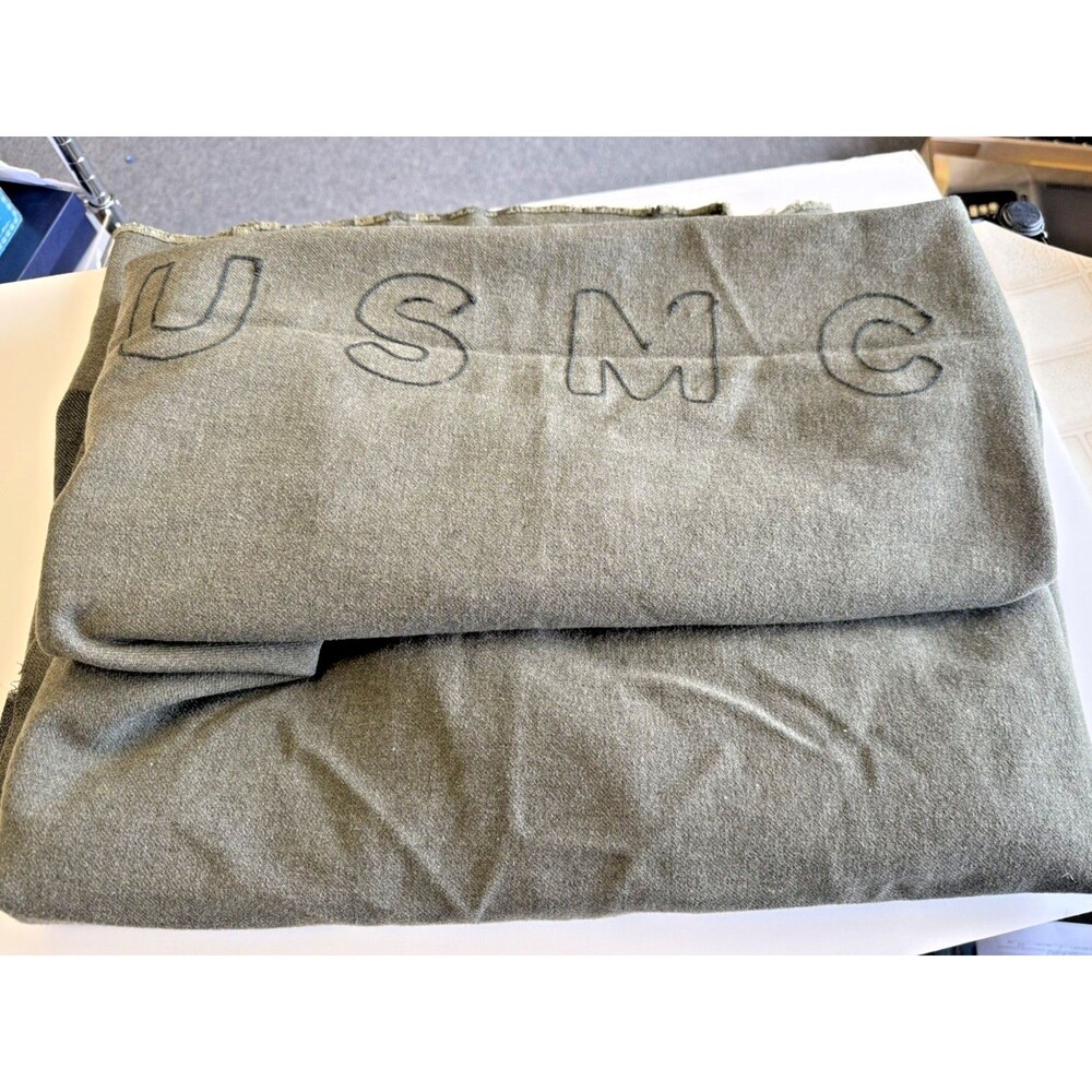 Vintage PRE WWII WW2 ERA Embroidered USMC Wool Blanket Green w/Stripes 78" x 63"